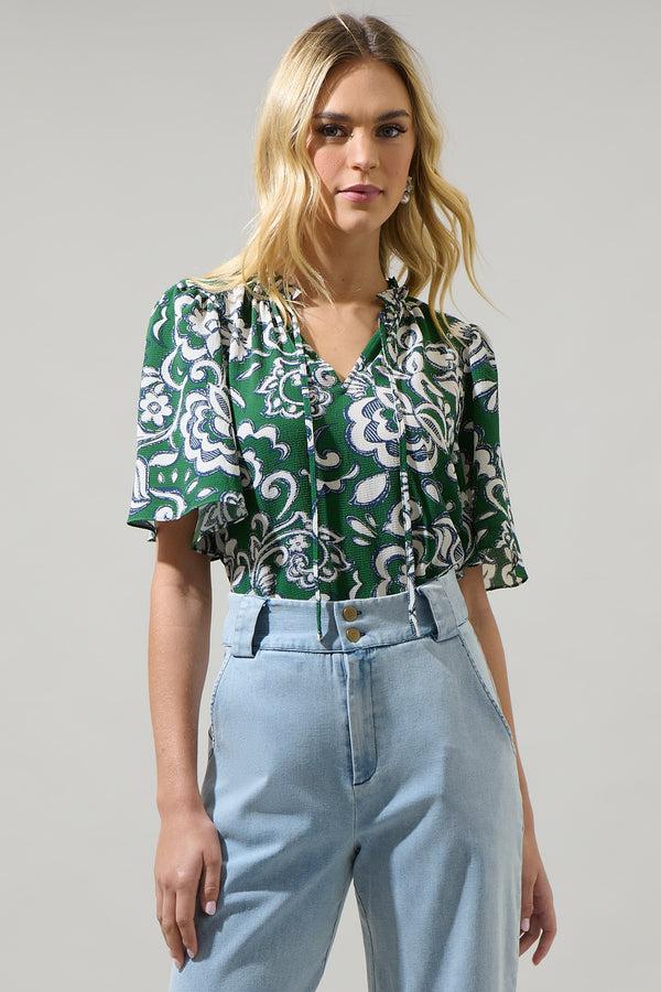 sugarlips Harriet Floral Ruffle Split Neck Dupont Top