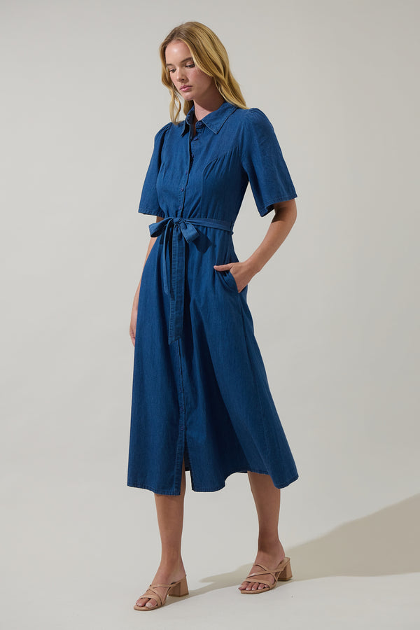 Sugarlips Haysville Chambray Elen Button Down Midi Dress