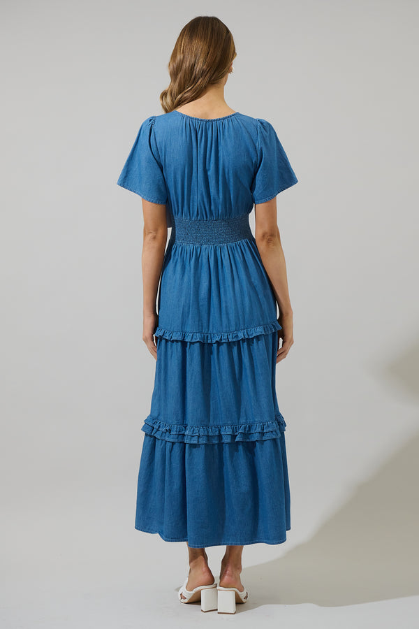 Sugarlips Haysville Palmer Chambray Tiered Maxi Dress