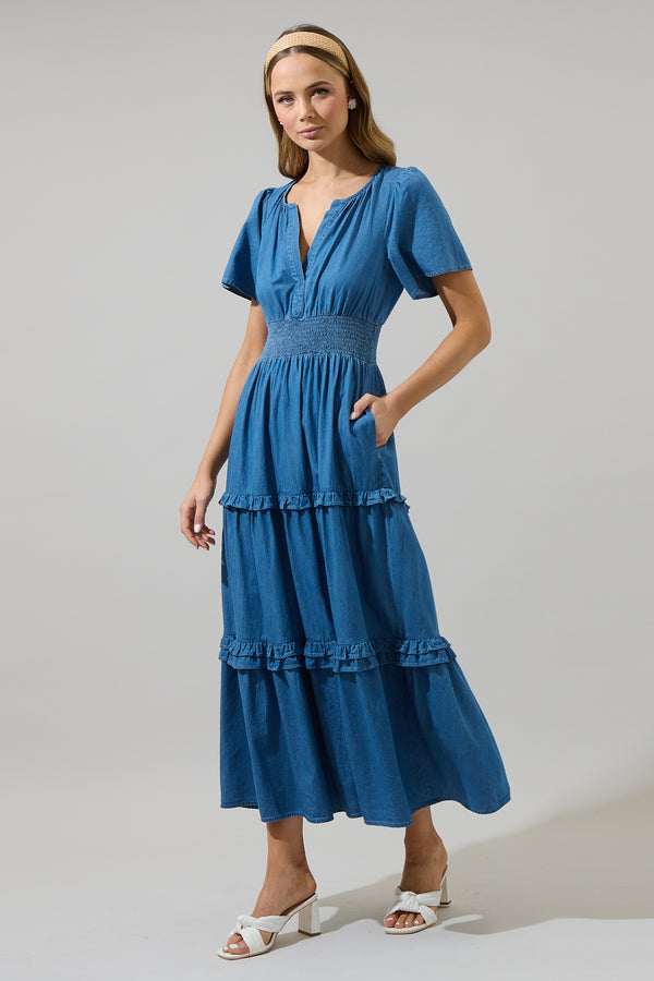 Sugarlips Haysville Palmer Chambray Tiered Maxi Dress