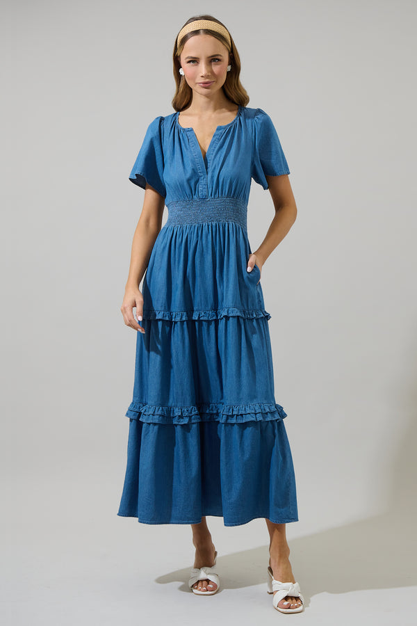 sugarlips Haysville Palmer Chambray Tiered Maxi Dress