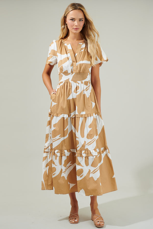 Sugarlips Hazel Abstract Palmer Poplin Tiered Maxi Dress