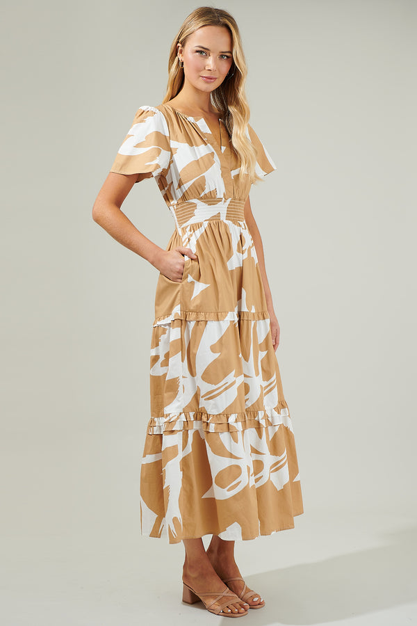 Sugarlips Hazel Abstract Palmer Poplin Tiered Maxi Dress