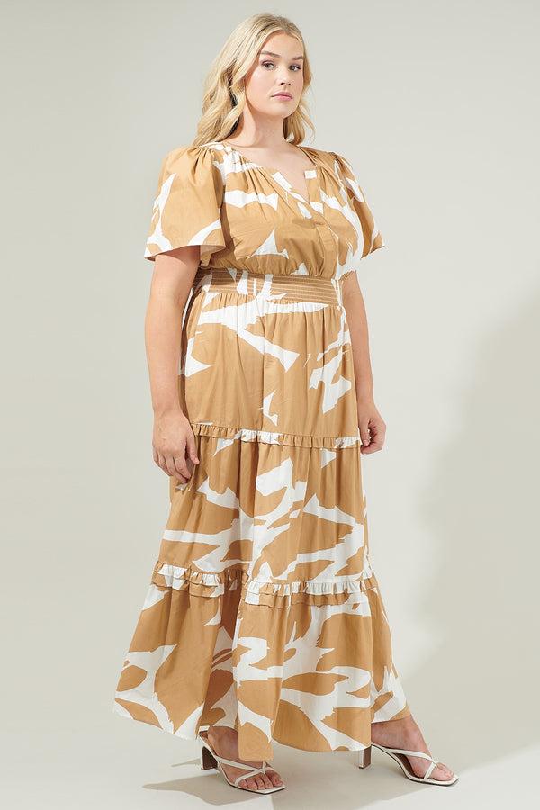Sugarlips Hazel Abstract Palmer Poplin Tiered Maxi Dress Curve