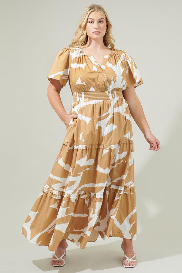 sugarlips Hazel Abstract Palmer Poplin Tiered Maxi Dress Curve