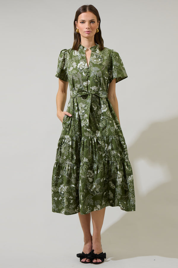 Sugarlips Hazleton Floral Britt Poplin Tiered Midi Dress