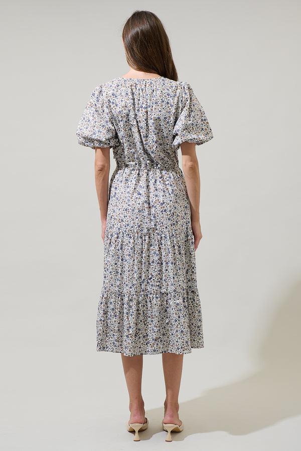 Sugarlips Heath Floral Balloon Sleeve Tiered Midi Dress