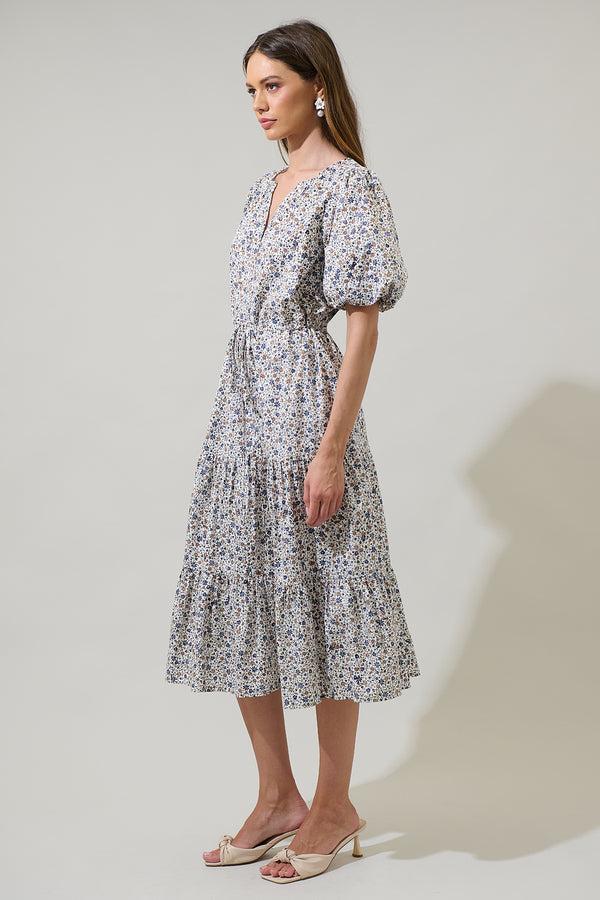 Sugarlips Heath Floral Balloon Sleeve Tiered Midi Dress