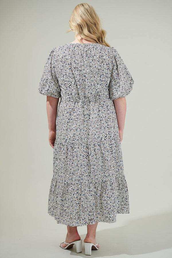 Sugarlips Heath Floral Balloon Sleeve Tiered Midi Dress Curve