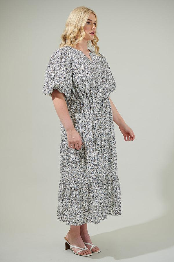 Sugarlips Heath Floral Balloon Sleeve Tiered Midi Dress Curve