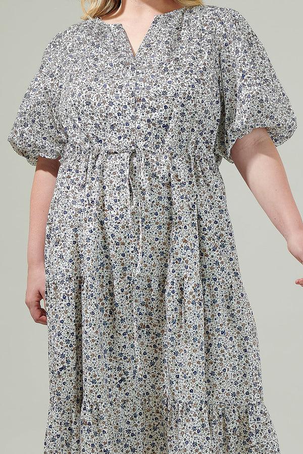 Sugarlips Heath Floral Balloon Sleeve Tiered Midi Dress Curve