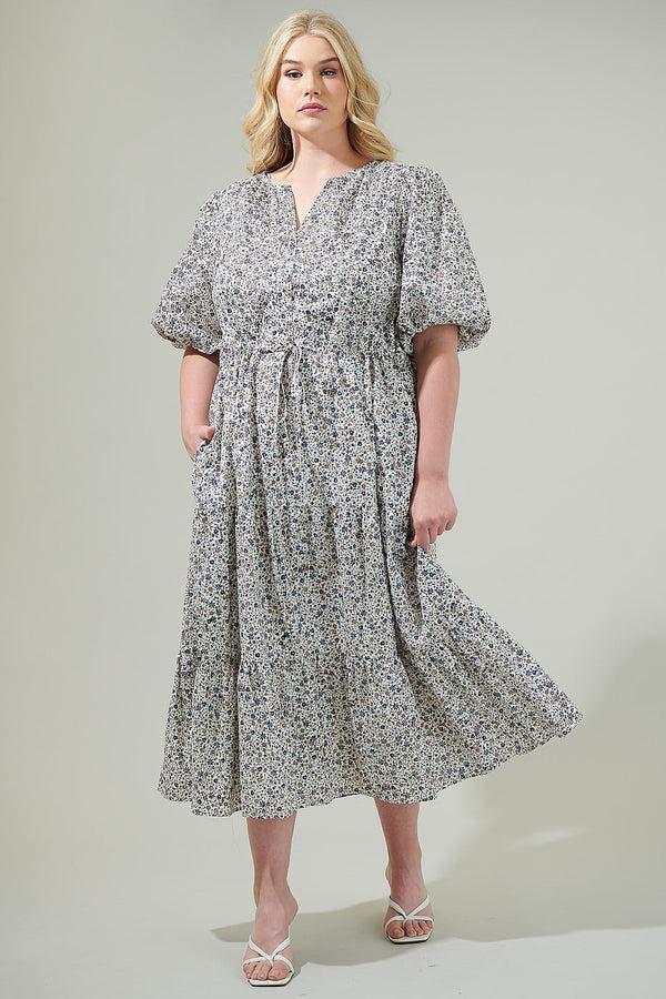 sugarlips Heath Floral Balloon Sleeve Tiered Midi Dress Curve