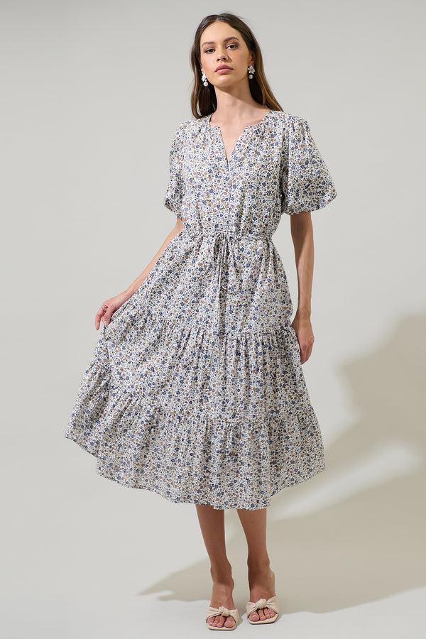 sugarlips Heath Floral Balloon Sleeve Tiered Midi Dress