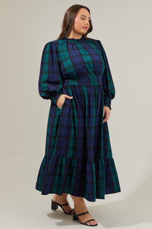 Sugarlips Hudson Plaid Caitlyn Smock Sleeve Midi Dress Curve