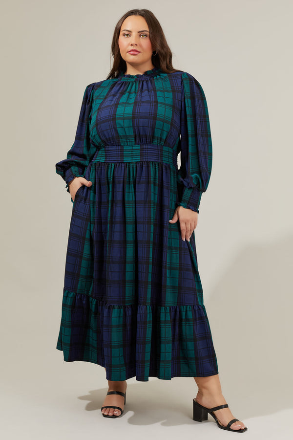 Sugarlips Hudson Plaid Caitlyn Smock Sleeve Midi Dress Curve
