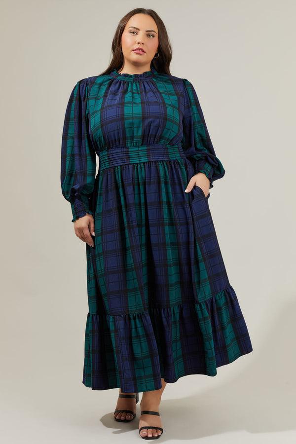 sugarlips Hudson Plaid Caitlyn Smock Sleeve Midi Dress Curve