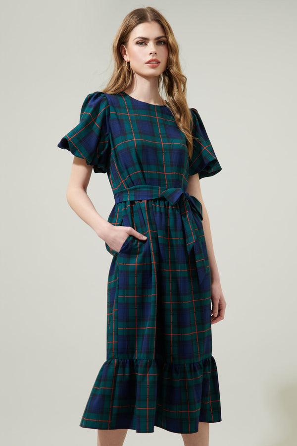 Sugarlips Hudson Plaid Palomino Bubble Sleeve Midi Dress