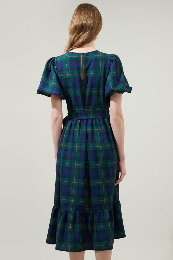 Sugarlips Hudson Plaid Palomino Bubble Sleeve Midi Dress
