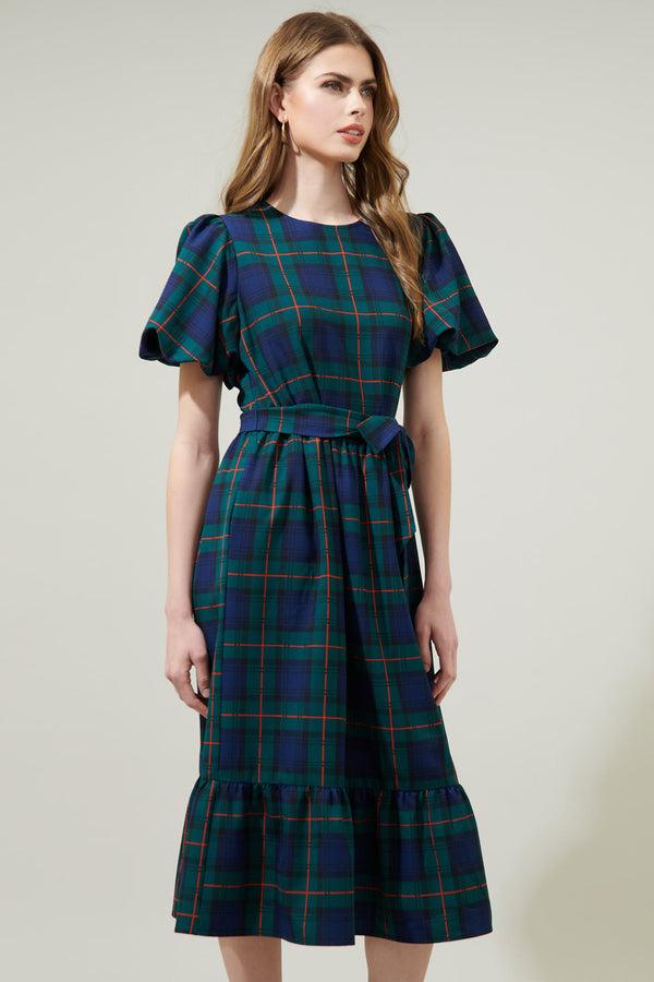 Sugarlips Hudson Plaid Palomino Bubble Sleeve Midi Dress