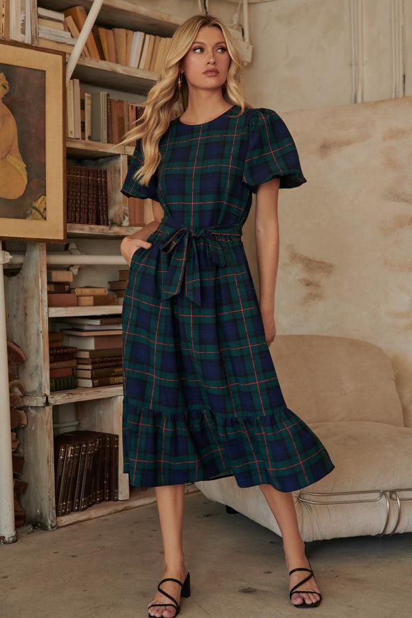 sugarlips Hudson Plaid Palomino Bubble Sleeve Midi Dress