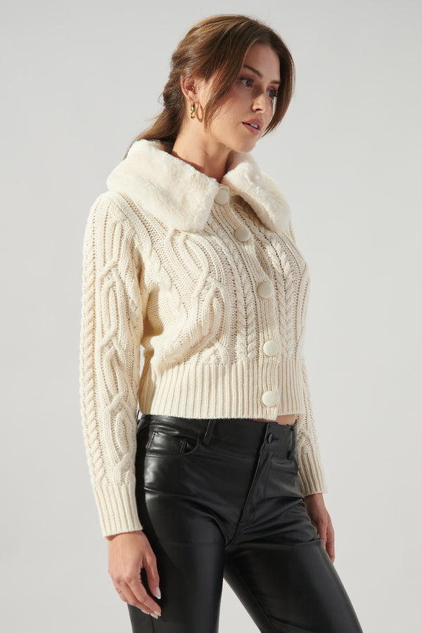 Sugarlips In A Flurry Cable Knit Fur Collar Cardigan