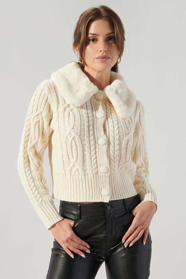 sugarlips In a Flurry Cable Knit Fur Collar Cardigan