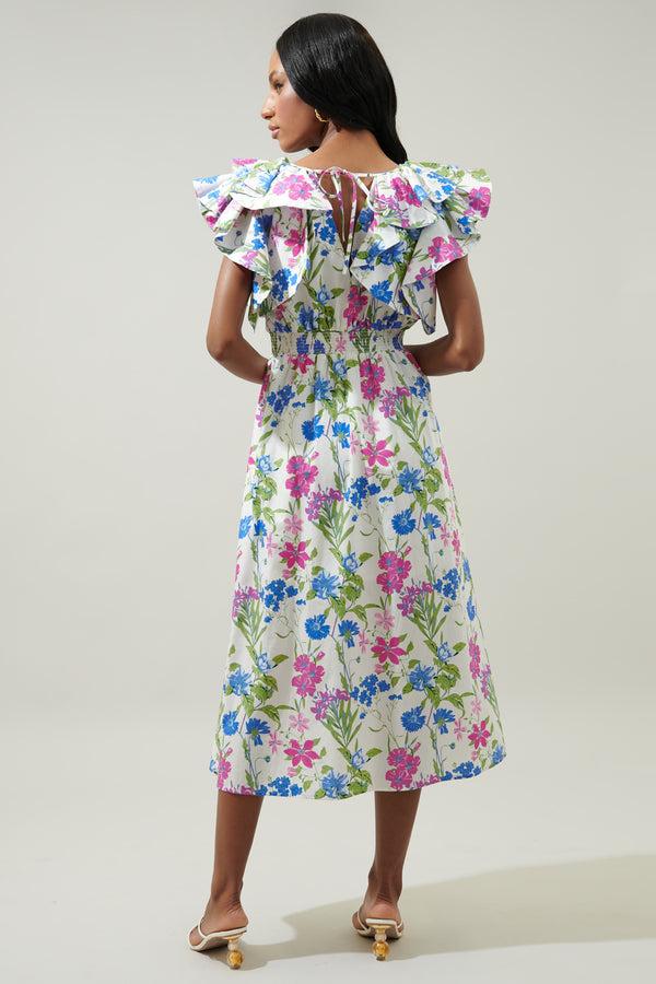 Sugarlips In Bloom Floral Santana Ruffle Sleeve Tie Back Midi Dress