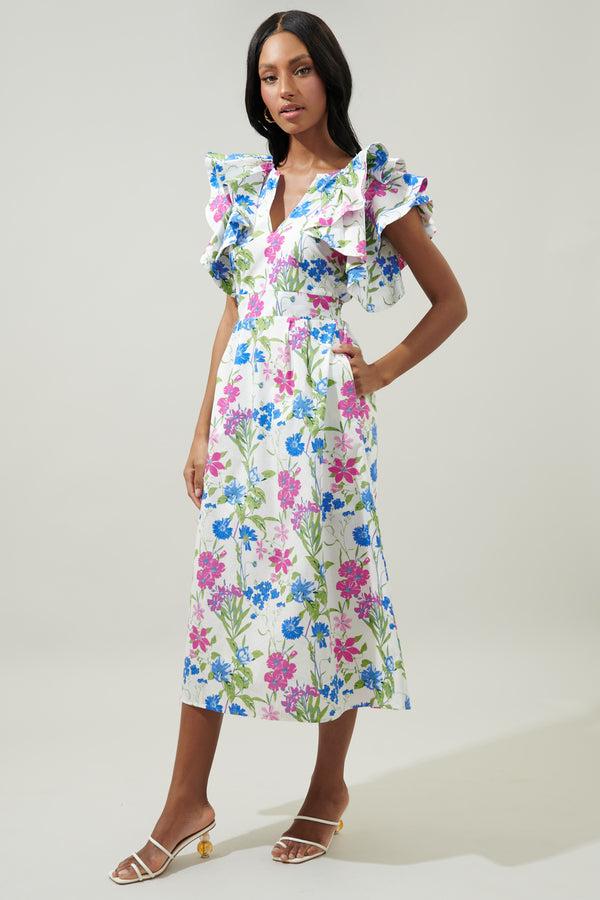 Sugarlips In Bloom Floral Santana Ruffle Sleeve Tie Back Midi Dress