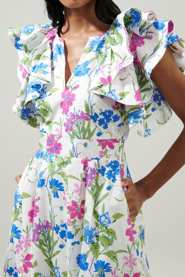 Sugarlips In Bloom Floral Santana Ruffle Sleeve Tie Back Midi Dress