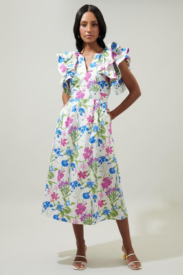 sugarlips In Bloom Floral Santana Ruffle Sleeve Tie Back Midi Dress