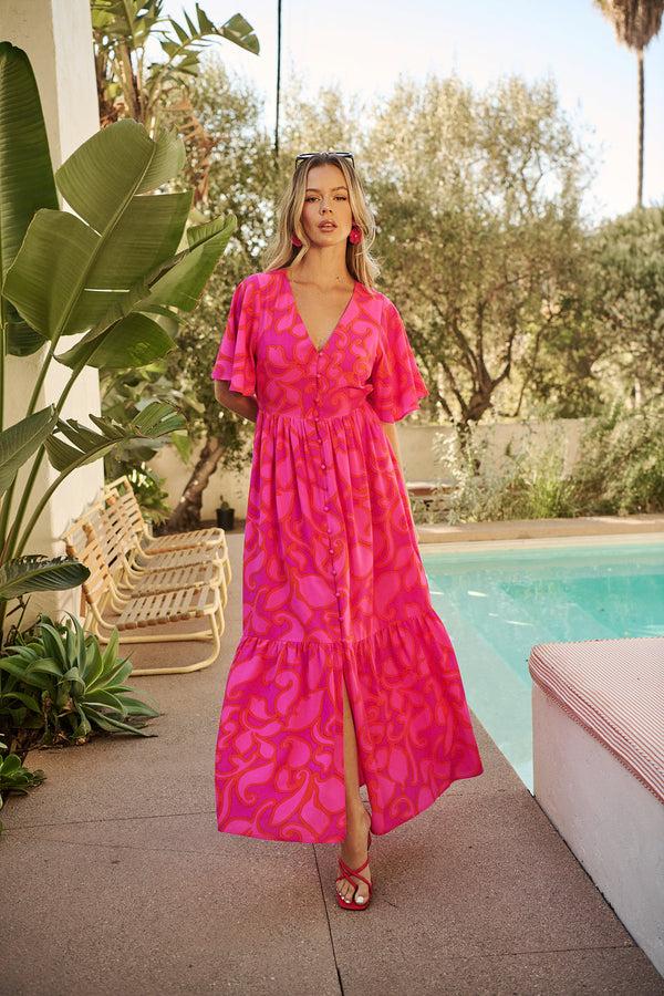 sugarlips Inara Floral Pismo Button Down Flutter Maxi Dress