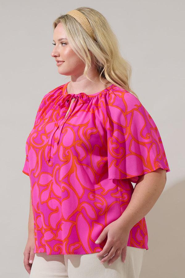Sugarlips Inara Floral Roxette Raglan Tie Neck Blouse Curve