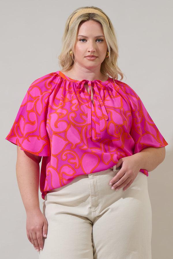 sugarlips Inara Floral Roxette Raglan Tie Neck Blouse Curve