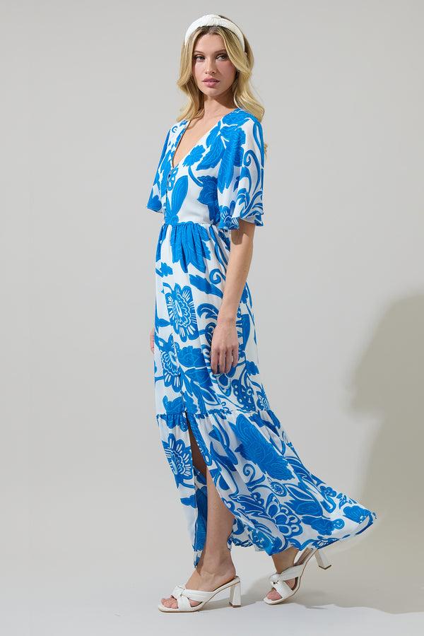 Sugarlips Iva Floral Pismo Button Down Flutter Maxi Dress