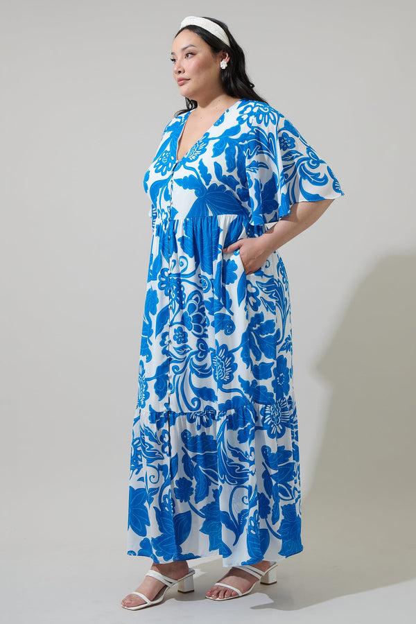 Sugarlips Iva Floral Pismo Button Down Flutter Maxi Dress Curve