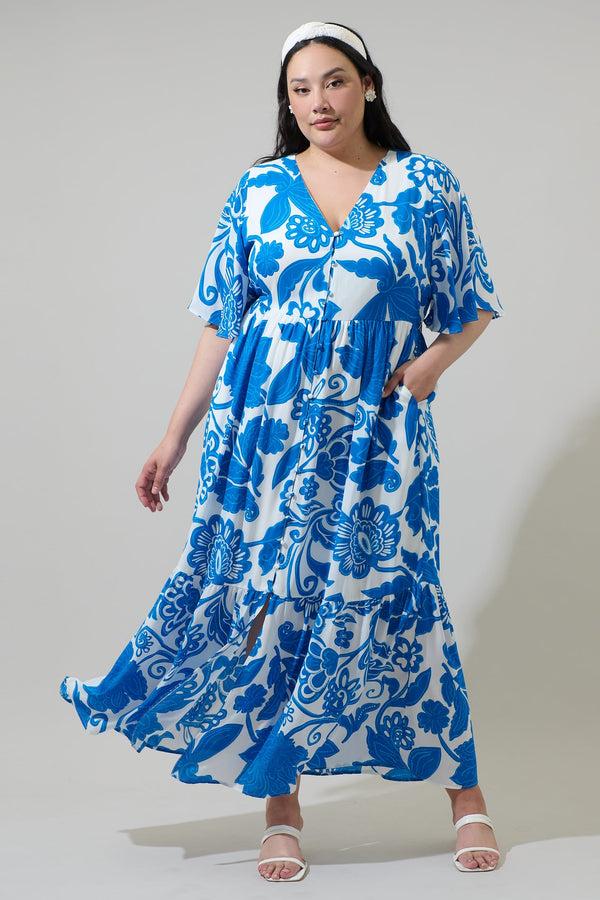 sugarlips Iva Floral Pismo Button Down Flutter Maxi Dress Curve