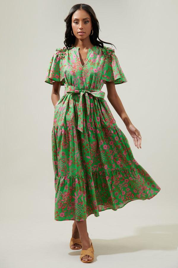 Sugarlips Jade Floral Escondido Tiered Shift Midi Dress
