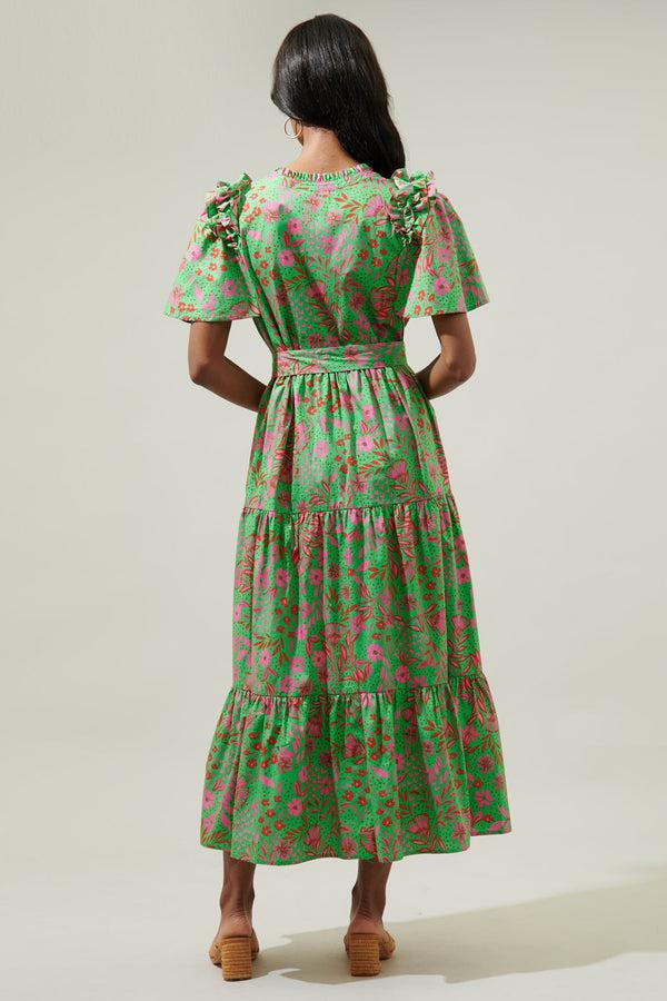Sugarlips Jade Floral Escondido Tiered Shift Midi Dress