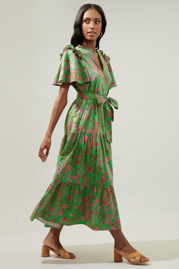 Sugarlips Jade Floral Escondido Tiered Shift Midi Dress