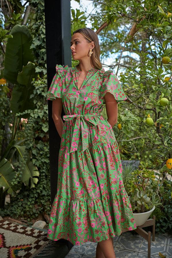 sugarlips Jade Floral Escondido Tiered Shift Midi Dress