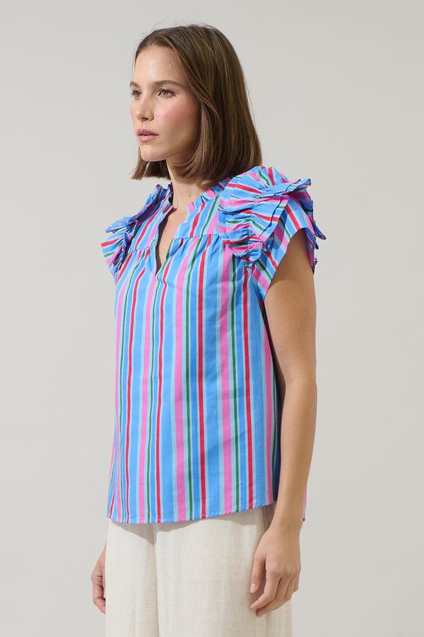 Sugarlips Jaimie Stripes Ramona Ruffle Split Neck Top