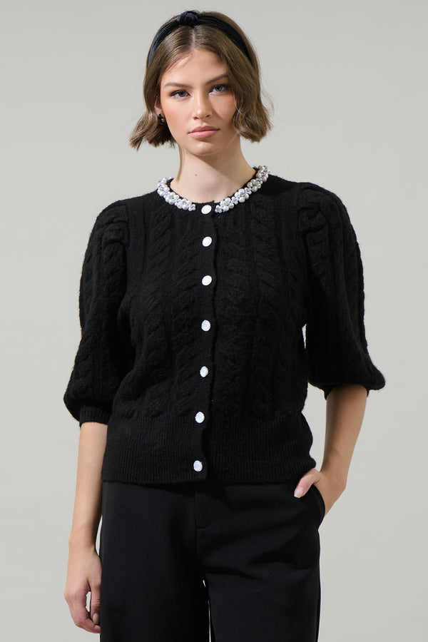 sugarlips Jamari Bead Embellished Button Front Cropped Cardigan