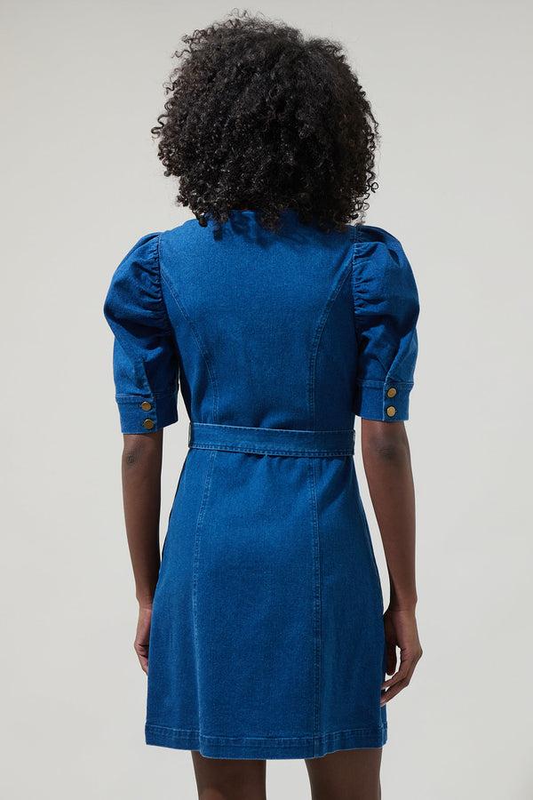 Sugarlips Jamie Denim Puff Sleeve Belted Mini Dress