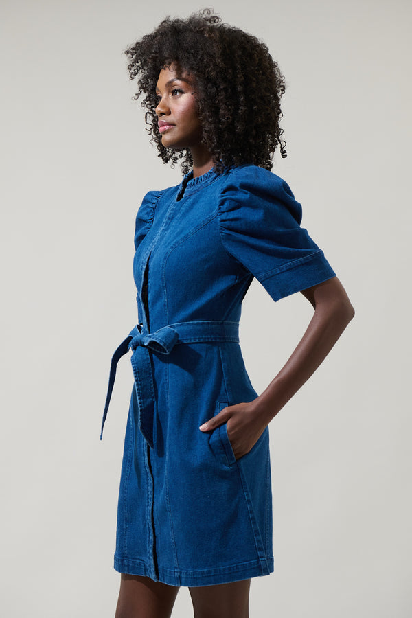 Sugarlips Jamie Denim Puff Sleeve Belted Mini Dress