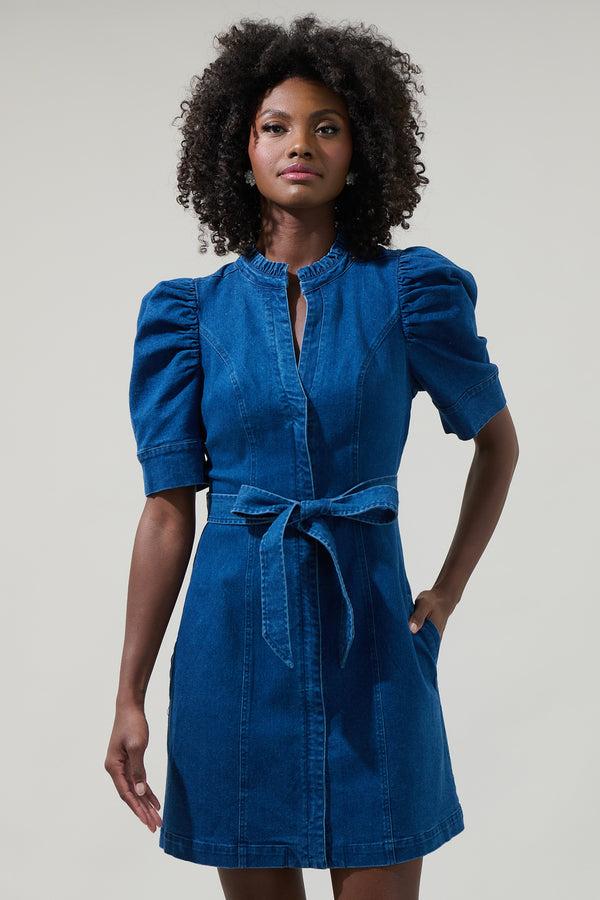 sugarlips Jamie Denim Puff Sleeve Belted Mini Dress
