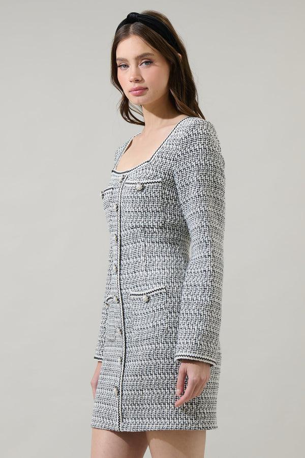 Sugarlips Janae Tweed Salome Pearl Button Down Mini Dress