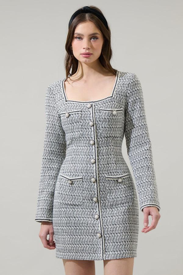sugarlips Janae Tweed Salome Pearl Button Down Mini Dress
