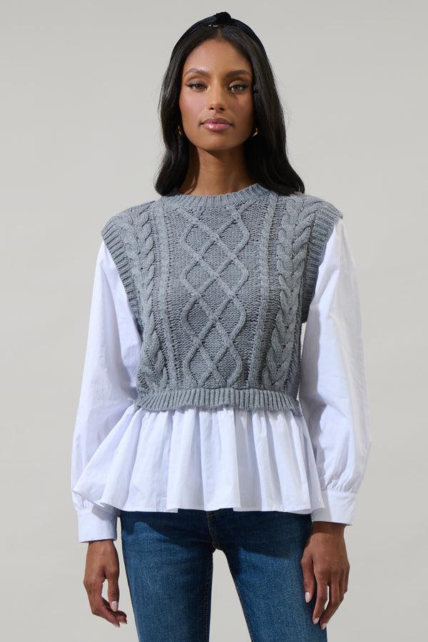 Sugarlips Javelina Mix Media Cable Knit SweaterVest Long Sleeve Top