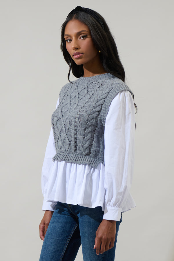 Sugarlips Javelina Mix Media Cable Knit SweaterVest Long Sleeve Top