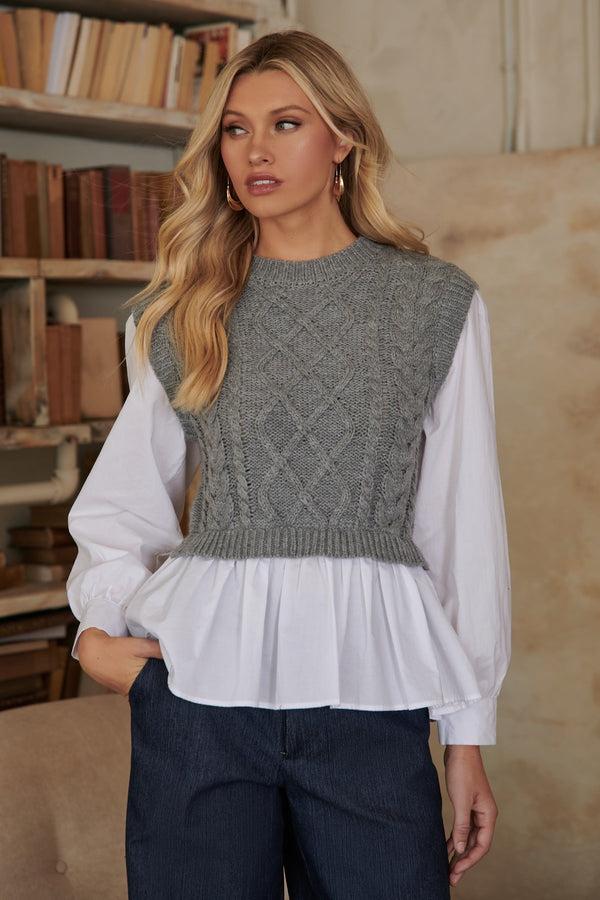 sugarlips Javelina Mix Media Cable Knit SweaterVest Long Sleeve Top